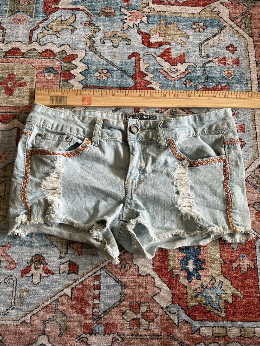Hot Kiss Light Wash Distressed Denim Shorts with Multicolor Trim